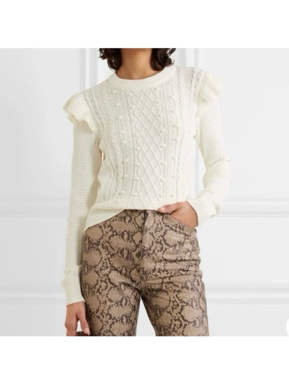 Veronica Beard * FLAWED* Earl Ruffle ivory cable Knit Sweater